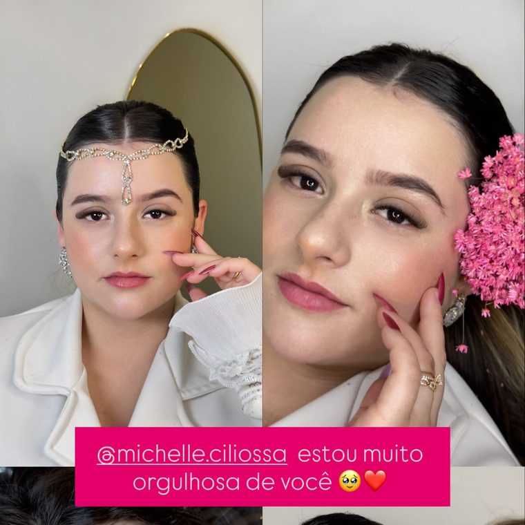 Aluna Michelle — trabalho de extensão de cílios